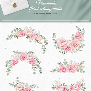 Op de afbeelding: Acht aquarelbloemstukken met roze rozen, witte bloemen en eucalyptusbladeren. De arrangementen zijn perfect om elke project een vleugje elegantie te geven.