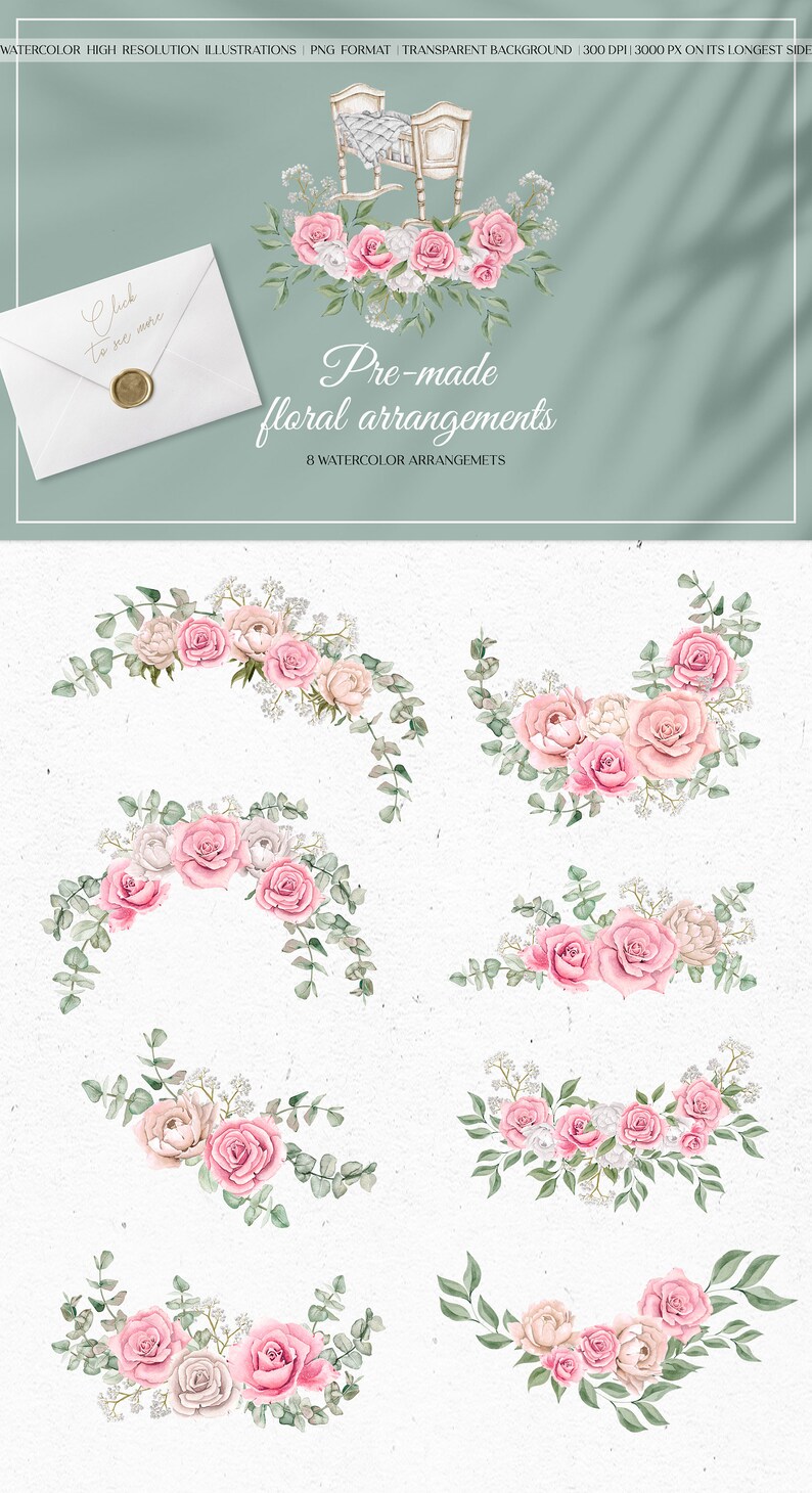 Op de afbeelding: Acht aquarelbloemstukken met roze rozen, witte bloemen en eucalyptusbladeren. De arrangementen zijn perfect om elke project een vleugje elegantie te geven.
