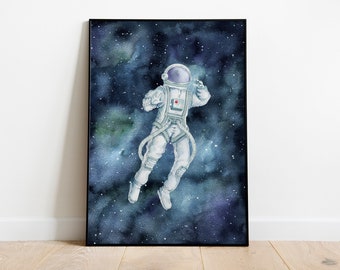 Watercolor astronaut in outer space PRINTABLE wall art poster Space nursery print Wall art decor Astronomy kids education