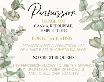 Permission for 1 listing CrystalinaShop - Commercial License for usage on RedBubble, Templett, Canva, Zazzle and etc. No Credit required.