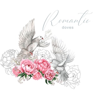 Romantischer Pfingstrose Blumenstrauß und Tauben Komposition - Aquarell Blumenrahmen Kranz - Blumenstrauß Logo - Digitale Clipart PNG