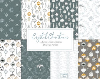 Watercolor Winter crystal Christmas digital paper pack for scrapbooking Winter seamless patterns collection Hand drawn Watercolor background