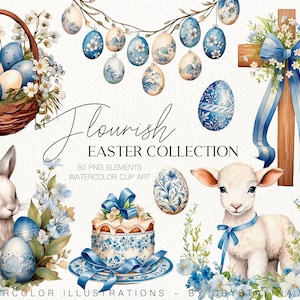S'épanouir Pâques motif bleu clipart Joli agneau de Pâques, lapin et oeufs png. Couronnes de brindilles de Pâques et guirlande d'oeufs. Jeu de fabrication de cartes Joyeuses Pâques