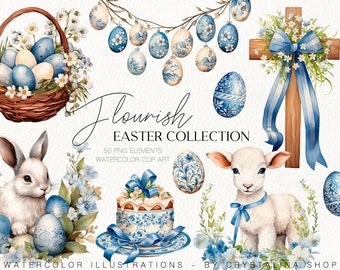 Flourish Easter blue pattern clipart Cute Easter lamb, bunny and eggs png. Easter twig wreaths and egg garland. Happy Easter card making set