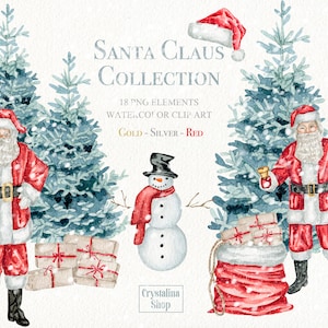 Clipart aquarela de Papai Noel Clipart de chapéu de Papai Noel vermelho dourado e prateado Clipart de Natal Decoração de férias de inverno Clipart de árvore de Natal e boneco de neve