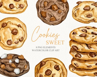 Watercolor sweet chocolate cookies clipart. Pastel dessert cookie illustrations. Home bakery logo printable clip art Birthday party clipart.