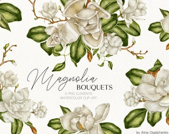 Watercolor white magnolia bouquets clipart Floral white arrangements clipart Magnolia flowers png Wedding DIY invitation clipart