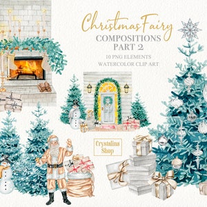 Aquarelle Fée de Noël compositions clipart Holly Arbre de Noël arrangements cheminée DIY carte de vœux design Père Noël clipart