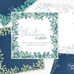 IMPRIMÍVEL Cartões de Natal em aquarela clipart quadrado Cartões de visco de Natal de azevinho Design de cartão de felicitações DIY Cartão de férias de inverno clipart
