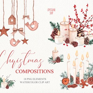 Composições de Natal em aquarela clipart Arranjos de Natal para cartões de felicitações de design DIY Decoração de férias de inverno Buquês de Natal
