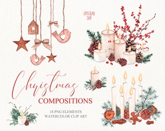 Acuarela composiciones de Navidad clipart arreglos de Navidad para tarjetas de felicitación de diseño DIY Winter Holiday decoración ramos de Navidad