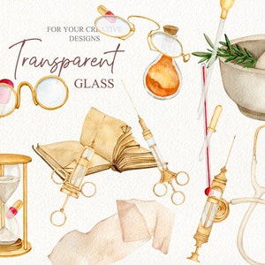 May include: Watercolor illustration of various transparent glass objects, including a mortar and pestle, a book, a stethoscope, a syringe, a bottle, a pair of glasses, a thermometer, an hourglass, and a pill. The text "Transparent Glass" is written in the image.