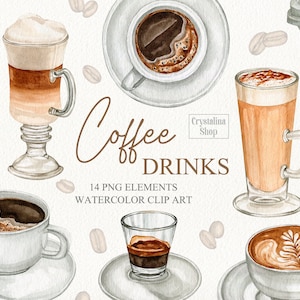 Clipart de bebida de café em aquarela. Ilustrações de xícara de café. Clipart do logotipo do café do menu do café para impressão. Café clipart de bebida cappuccino