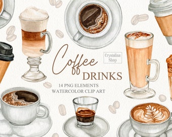 Watercolor coffee drink clipart. Cup of coffee illustrations. Cafe menu coffee logo printable clip art. Cappuccino drink clipart coffee shop