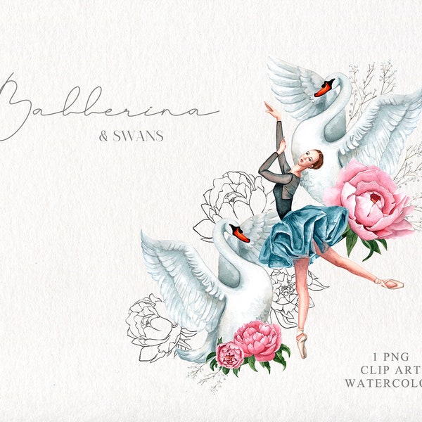 Ballerine et cygnes dans le modèle aquarelle affiche de ballet romantique Instant télécharger Flower logo composition Sublimation PNG Design