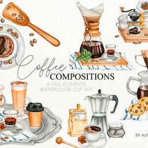 Clipart de bebida de café em aquarela. Ilustrações de xícara de café. Café menu cafeteria logotipo clip art. Café clipart de bebida cappuccino