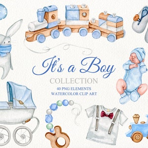Aquarel baby jongen clipart. Het is een jongens clipart. Babyshower clipart. Kinderkamer decor clipart. Baby jongen speelgoed, wieg, kinderwagen, clipart.