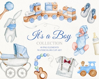 Watercolor baby boy clipart. It's a boy clipart. Baby shower clipart. Nursery decor clipart. Baby boy toys, cradle, stroller, clipart.