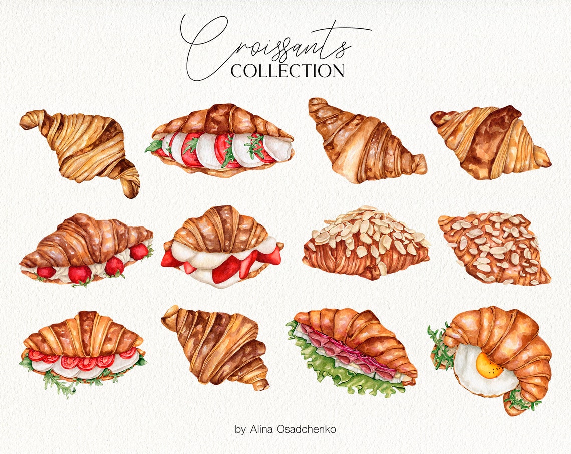 Watercolor Breakfast Croissants Clipart Collection. Sweet - Etsy