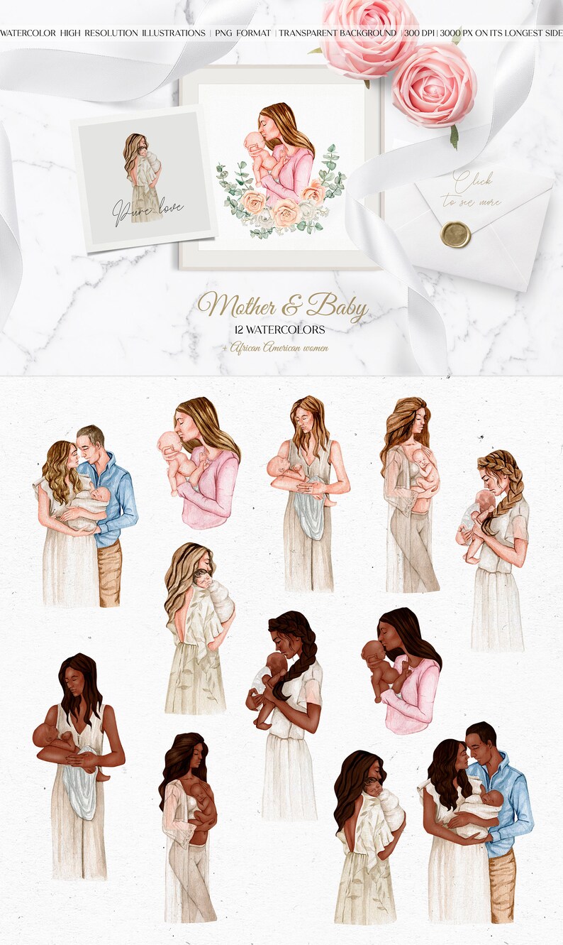 Op de afbeelding: Twaalf aquarel illustraties van moeders en baby's. De moeders zijn allemaal Afro-Amerikaanse vrouwen en ze worden afgebeeld in verschillende poses terwijl ze hun baby's vasthouden. De illustraties zijn op een witte achtergrond geplaatst.
