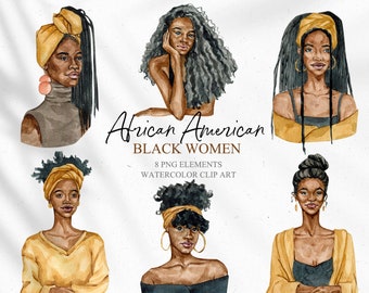 Watercolor African American woman clipart. Hand drawn black woman illustrations. Fashion girl friend clipart.