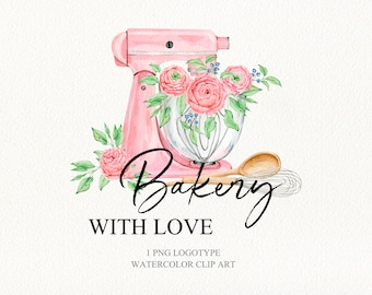 Watercolor home bakery logo clipart Hand drawn bakery logo design DIY Cooking culinary digital clip art Pink mixer clipart