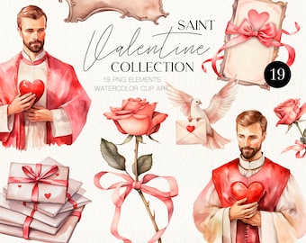 Watercolor Saint Valentine Priest Valentines Day digital Clipart Writing romantic letters clipart with roses illustration DIY card creator