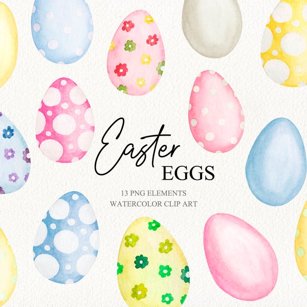 Watercolor Easter eggs clipart illustration. Hand painted Easter bird egg png. Happy Easter card making set. Printable Easter eggs stickers.