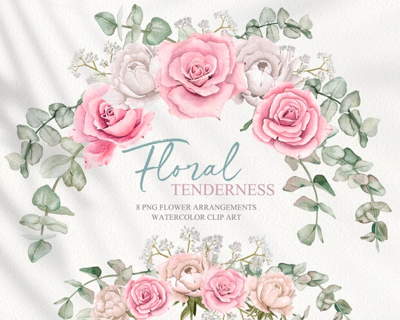 Watercolor flower bouquets clipart Floral tenderness arrangements clipart Pastel pink flowers eucalyptus png Wedding DIY invitation clipart