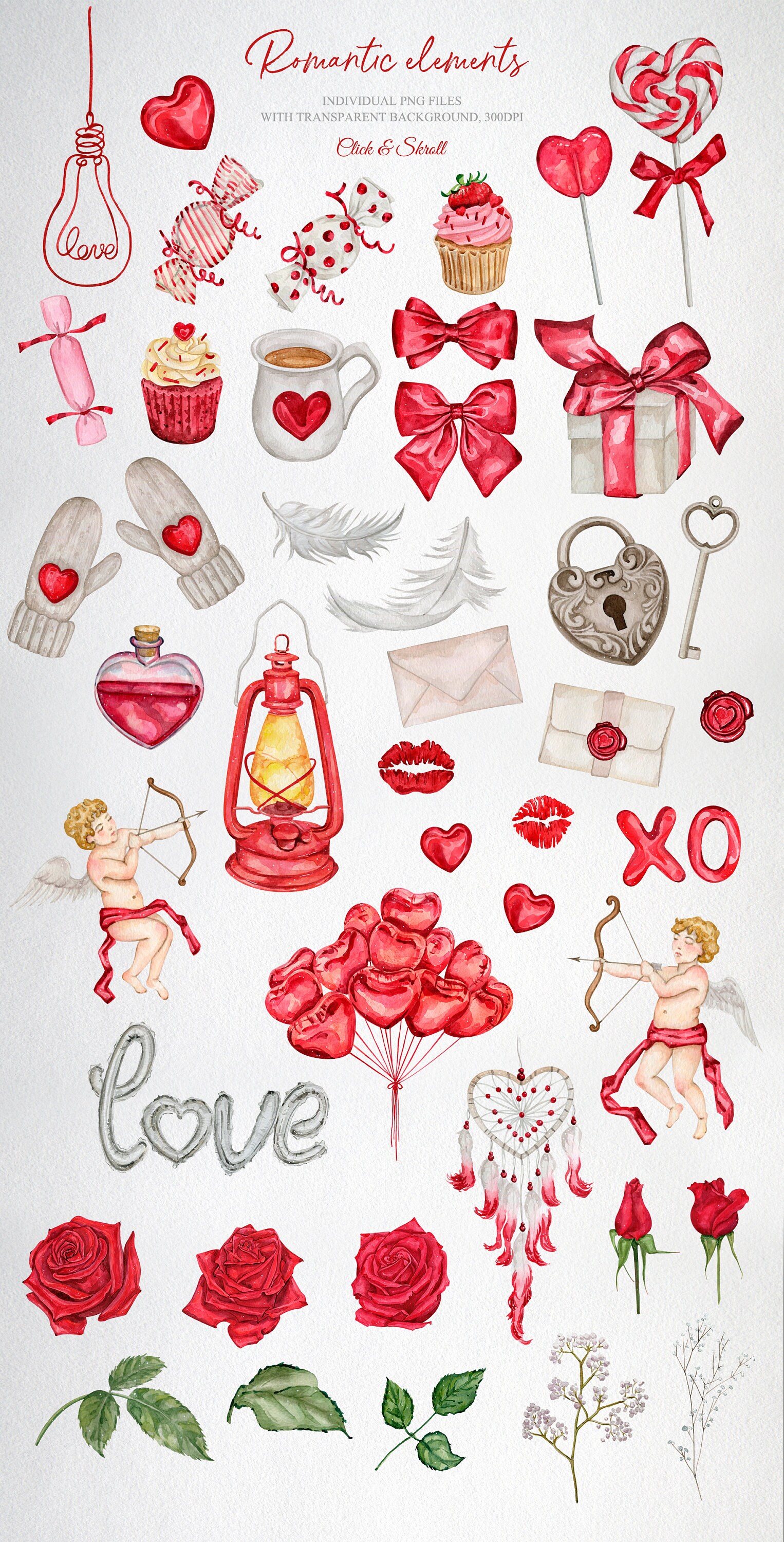 Watercolor Valentines Day Clipart. Hand Painted Watercolor Romantic ...
