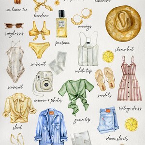 Pode incluir: Ilustra&ccedil;&atilde;o em aquarela de itens de ver&atilde;o, incluindo shorts jeans, &oacute;culos de sol, um chap&eacute;u de palha e um vestido vintage. Outros itens incluem um mai&ocirc;, limonada e sorvete de frutas. O texto "Summer style list" tamb&eacute;m est&aacute; presente.
