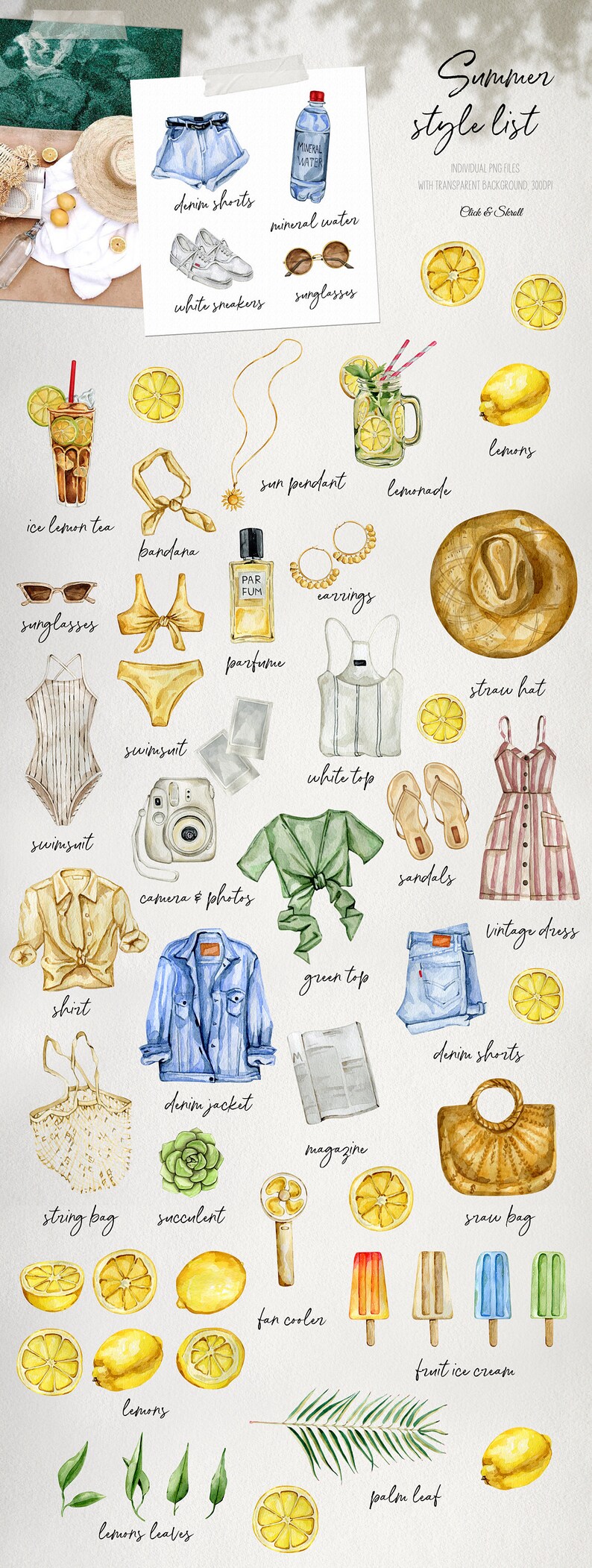 Pode incluir: Ilustra&ccedil;&atilde;o em aquarela de itens de ver&atilde;o, incluindo shorts jeans, &oacute;culos de sol, um chap&eacute;u de palha e um vestido vintage. Outros itens incluem um mai&ocirc;, limonada e sorvete de frutas. O texto "Summer style list" tamb&eacute;m est&aacute; presente.
