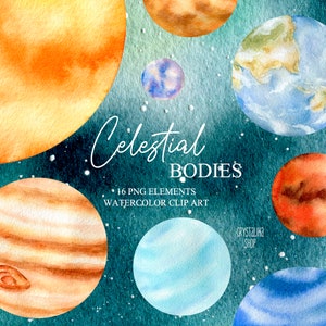 Aquarel hemellichamen clipart Zonnestelsel clipart Aquarel planeten, zon en volle manen Ruimte achtergrond DIY Astronomie onderwijs
