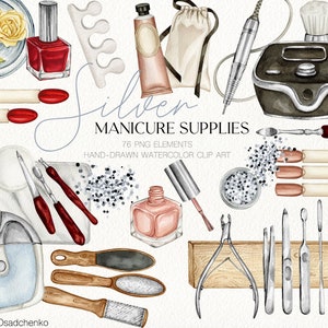 Watercolor manicure pedicure silver supplies clipart Manicure pedicure tools clipart Nail business logo DIY creator Nail artist clipart set