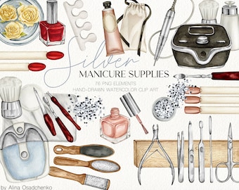 Watercolor manicure pedicure silver supplies clipart Manicure pedicure tools clipart Nail business logo DIY creator Nail artist clipart set