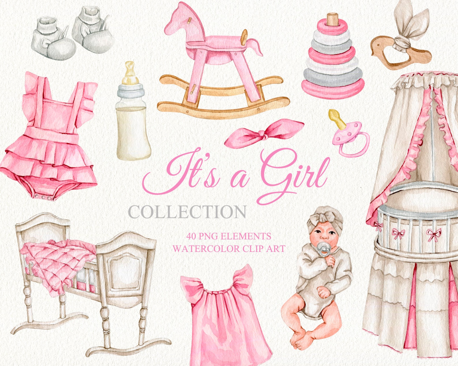Watercolor Baby Girl Clipart. It's a Girl Clipart. Baby Shower Clipart ...
