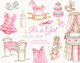 Watercolor baby girl clipart. It's a girl clipart. Baby shower clipart. Nursery decor clipart. Baby girl toys, cradle, stroller, clipart.