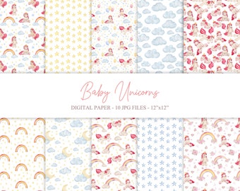 Watercolor pastel baby unicorn digital paper pack Rainbow unicorn digital download Baby shower printable patterns collection Scrapbooking