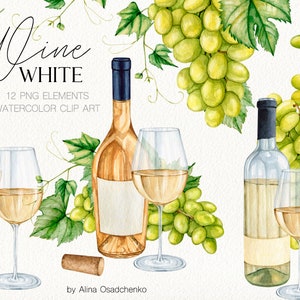 Watercolor white wine clipart Romantic glass of white wine and white grapes Restaurant drink menu printable clip art Wine tasting invitation