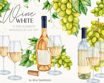 Peut inclure: Illustration aquarelle de bouteilles et de verres de vin blanc avec des raisins et des vignes. Le texte "Wine White" et "12 PNG Elements Watercolor Clip Art" est inclus dans l'image.