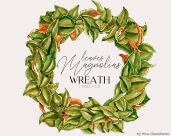Watercolor magnolia green leaves wreath clipart Greenery wreath clipart Magnolia leaf wreath logo png Wedding DIY invitation clipart