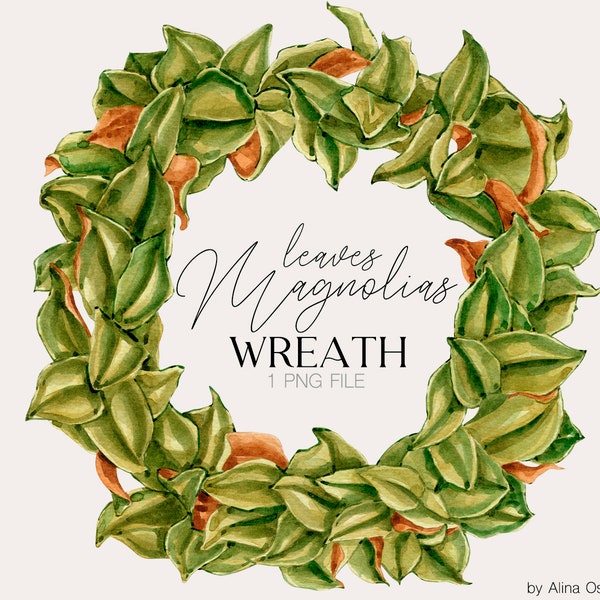 Watercolor magnolia green leaves wreath clipart Greenery wreath clipart Magnolia leaf wreath logo png Wedding DIY invitation clipart