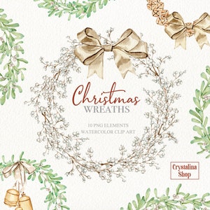 Aquarelle Couronnes de Noël clipart or argent Holly Couronnes de gui de Noël DIY design de cartes de vœux Vacances Couronnes d’hiver clipart
