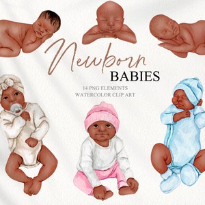 Clipart de bebê recém-nascido afro-americano em aquarela. Clipart maternidade png. Clipart de chá de bebê. Clipart DIY para o dia das mães. Ilustra??o de rec?m nascido