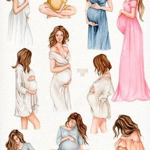 May include: Watercolor illustration of nine pregnant women in various poses and clothing. The women are wearing dresses, robes, and shirts in shades of blue, pink, yellow, and white. The illustration is set against a white background.