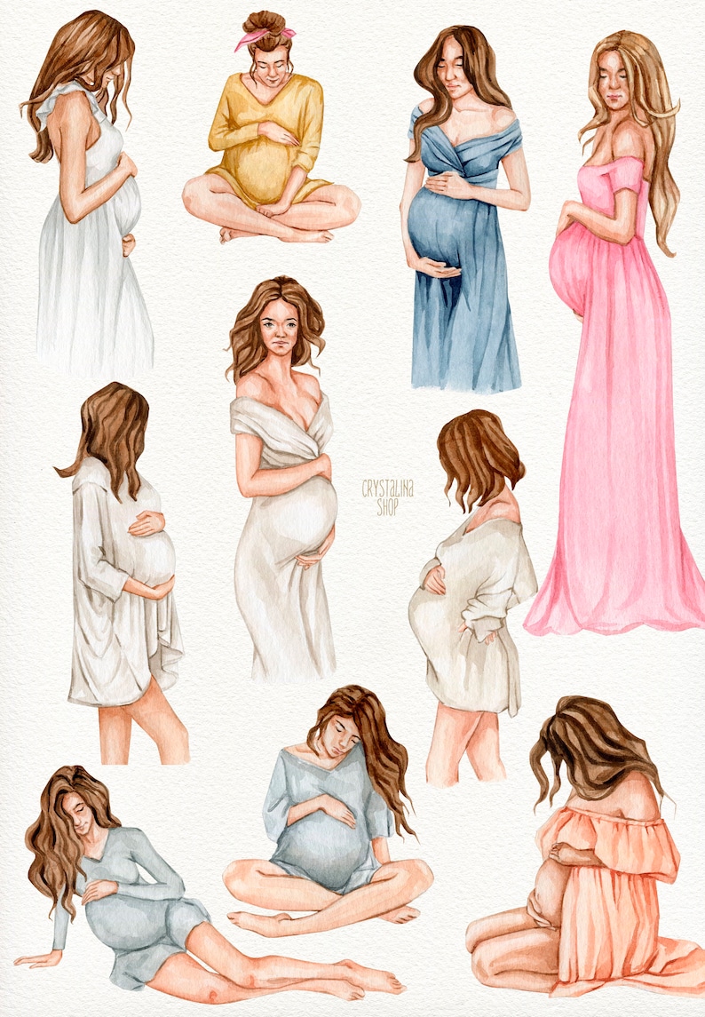 May include: Watercolor illustration of nine pregnant women in various poses and clothing. The women are wearing dresses, robes, and shirts in shades of blue, pink, yellow, and white. The illustration is set against a white background.