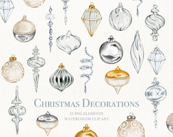 Acuarela Decoraciones del árbol de Navidad clipart Navidad árbol de cristal juguetes decoración para bricolaje diseño dorado y plateado Color invierno Decoración de vacaciones