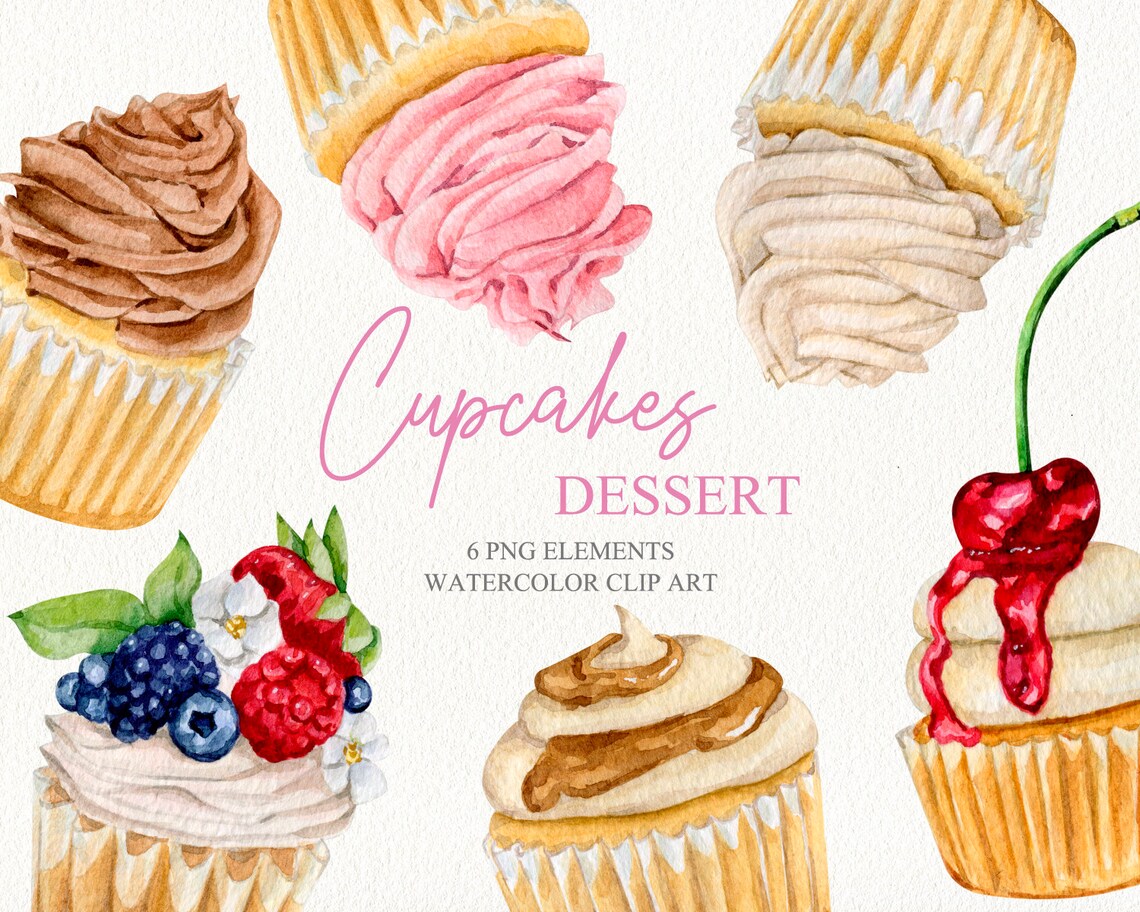 Watercolor Cupcakes Clipart Birthday Cupcakes Clipart Hand Drawn ...