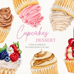 Aquarelle cupcakes clipart Anniversaire cupcakes clipart dessiné à la main clipart numérique fête bonbons imprimables desserts Sweet dessert collection
