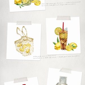 Pode incluir: Ilustra&ccedil;&otilde;es em aquarela de itens de ver&atilde;o em quadrados brancos. Inclui um frasco de limonada, uma sacola com lim&otilde;es, ch&aacute; gelado, uma garrafa de &aacute;gua mineral e uma c&acirc;mera. O texto diz "Pre-made summer compositions."